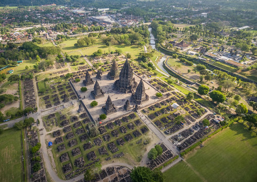 Aerial view of people visiting a preserved archaeological ruin, Yogyakarta, Indonesia.