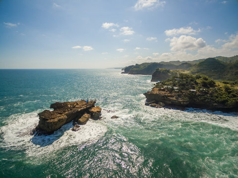 Aerial view of isolated rock formation on Java sea, Indonesia