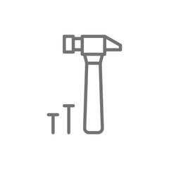 Hammer and nails, building tools line icon.