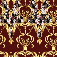 Seamless baroque pattern with golden scrolls and white flowers