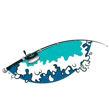 recommend clip art: Fishing rod silhouette and blue wave design for fishing