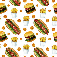 Watercolor pattern. Fast food, tasty burger, hamburger, and french fries, fried potatoes, in paper bag, isolated, watercolor illustration