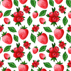 Watercolor pattern with strawberry, basil leaf, cranberry on white background. Seamless pattern. Watercolor illustration. Backdrop for summer poster, cards, menu, eco label etc.