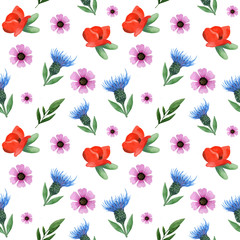 Seamless watercolor pattern with wildflowers: blue cornflowers, red poppies, green leaves, herbs, pink anemones. Perfect for wedding,invitation,template card,Birthday,textile, walpaper, wrapping paper