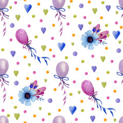 Seamless watercolor pattern with flowers, balloons and hearts, dots. Pattern in pastel colors. Perfect for wrapping paper, wallpaper,kids textile.