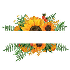 Watercolor hand painted frame with sunflowers,rosehip berries,leaves,branches,fern leaves. Perfect for greeting, wedding cards and baby announcement cards,invitations,lettering and orher.