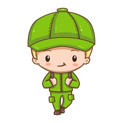 Vector illustration of cute chibi character isolated on white background.  The traveler with a backpack in clothes for hike