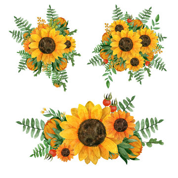 Beautiful bouquets collection with sunflowers,leaves,branches,ferns, rosehip berries. Three bright watercolor bouquets for your design. Perfect for wedding,invitation,template card,Birthday,textile.