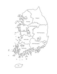 Vector isolated illustration of simplified administrative map of South Korea (Republic of Korea). Borders and names of the regions. Black line silhouettes
