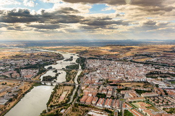 Panoramic aerial view of Merida cityscape, Spain