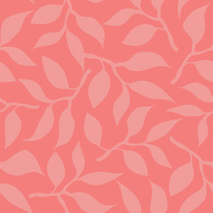 Fototapeta na wymiar Coral leaves tonal seamless pattern in blush pink and coral. Beautiful background for cards, invitations, textiles, elegant party decor. Silhouettes of leaf groups create an all over vine. Vector.