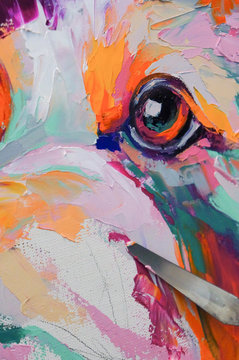 Oil dog portrait painting in multicolored tones. Conceptual abstract painting of a biewer terrier muzzle. Closeup of a painting by oil and palette knife on canvas.