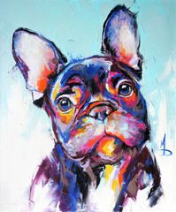 Öl-Hundeportrait-Gemälde in mehrfarbigen Tönen. Konzeptionelle abstrakte Malerei einer Schnauze einer französischen Bulldogge. Nahaufnahme eines Gemäldes mit Öl und Spachtel auf Leinwand.