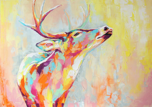 Oil deer portrait painting in multicolored tones. Conceptual abstract painting of a deer muzzle. Closeup of a painting by oil and palette knife on canvas. © Mari Dein