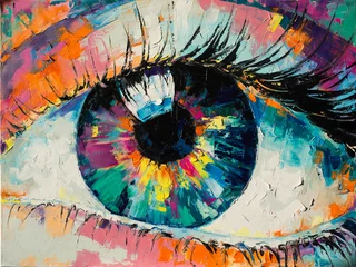 Deurstickers Hotel &quot Fluoriet&quot  - olieverfschilderij. Conceptueel abstract beeld van het oog. Olieverfschilderij in kleurrijke kleuren. Conceptuele abstracte close-up van een olieverfschilderij en Paletmes op canvas.