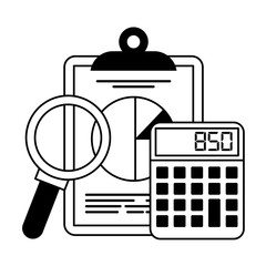 Office clipboard calculator and magnifying glass symbols in black and white