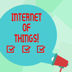 Conceptual hand writing showing Internet Of Things. Concept meaning Innovation Globalization Digital Electronics Connectivity Round Speech Bubble Coming Out of Megaphone for Announcement