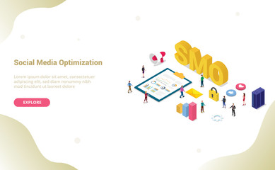 smo social media optimization concept with modern flat isometric style for website template or landing homepage - vector - obrazy, fototapety, plakaty