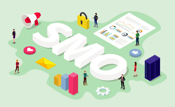 smo social media optimization concept with team it digital work on business data analysis with modern flat isometric style - vector