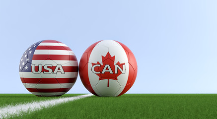USA vs. Canada Soccer Match - Soccer balls in USA and Canada national colors on a soccer field. Copy space on the right side - 3D Rendering 