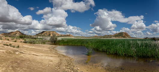 Panorama au bord d'un lac verdoyant dans un désert de roche 