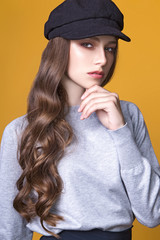 teen girl posing in studio. Black and white photo