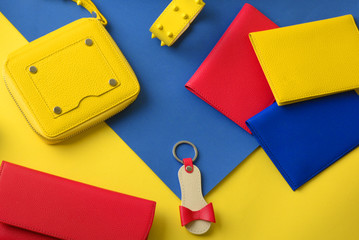 clutches, key chains, wallets, cases, flat lay.