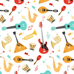 Seamless pattern with musical instruments on the white background.