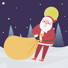 Cartoon santa claus with bag of gifts, postcard, flat design in christmas with backgroound