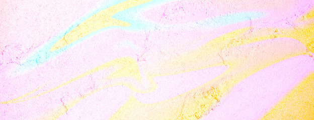 Fototapeta na wymiar Abstract concept with neon colorful fluid art on concrete background. Digital modern art. Flowing blue, pink, coral, yellow pastel colors. Banner size. Blurred.