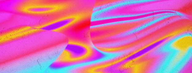 Abstract concept with neon colorful fluid art on concrete background. Digital modern art. Flowing blue, red, coral, pink, yellow and purple colors.