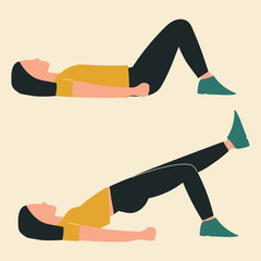 Woman doing hip bridge with extension. Illustrations of glute exercises and workouts. Flat vector illustration