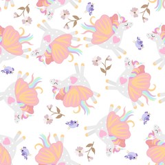 Fototapeta na wymiar Unicorns with wings of butterfly, birds and flowers isolated on white background seamless gentle pattern.