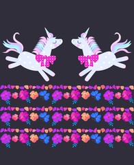 Funny frolic unicorns and beautiful striped border, composed of bright flowers, butterflies and petals on black background.
