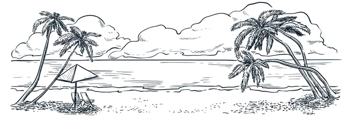 Palmen am Meeresstrand, Vektor handgezeichnete Skizze Landschaft Illustration. Sommerferien, tropischer Hintergrund der Weinlese © Qualit Design