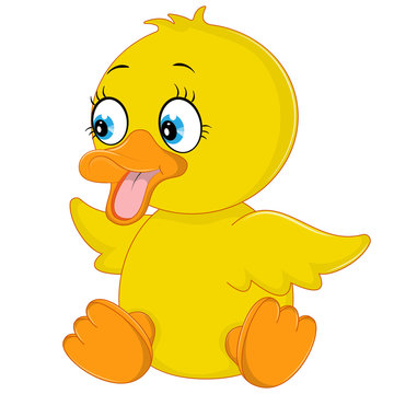 Cute little yellow duckling sitting isolated on a white background.