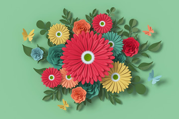 Flower paper style, colorful rose, paper craft floral, Butterfly paper fly, 3d rendering, with clipping path.