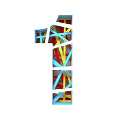 Colorful paper cut out font Number 1 ONE 3D