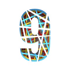 Colorful paper cut out font Number 9 NINE 3D