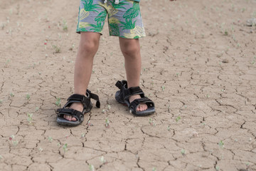 The child wore adult shoes. Little boy in father's sandals.