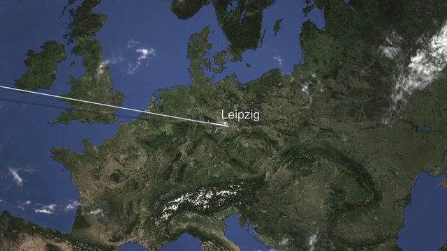 Plane arriving to Leipzig, Germany from west, intro 3D animation 