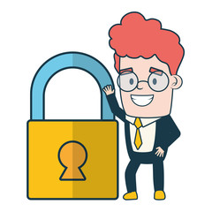 businessman holding padlock on white background