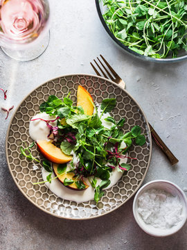 Ricotta salad with peaches and microgreens