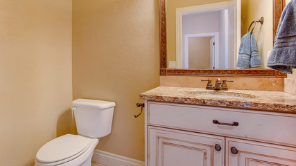 Fototapeta na wymiar Panorama frame Bathroom interior with view of a toilet adjacent to the vanity area