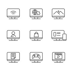 Set of computer vector icon line design. computer usability icon such as for browsing, work, design, play movie, chatting and other