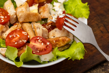 Warm salad with chicken, cherry tomatoes and soft cheese of brynza, dressing with olive oil. Close up