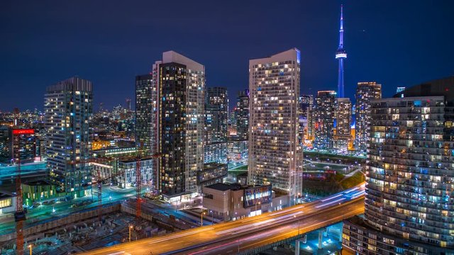 Toronto Time Lapse Night CN Tower Gardiner Expressway 4K