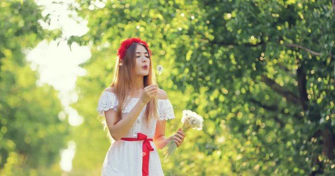 Young beautiful woman walks in the forest and blows on white dandelions, flower flies. Happy girl walking on the meadow in summer.