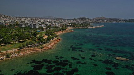 Aerial drone bird's eye view of famous seascape of Athens Riviera, Voula, Athens Riviera, Attica, Greece