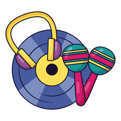 vinyl headphones maracas music colorful background